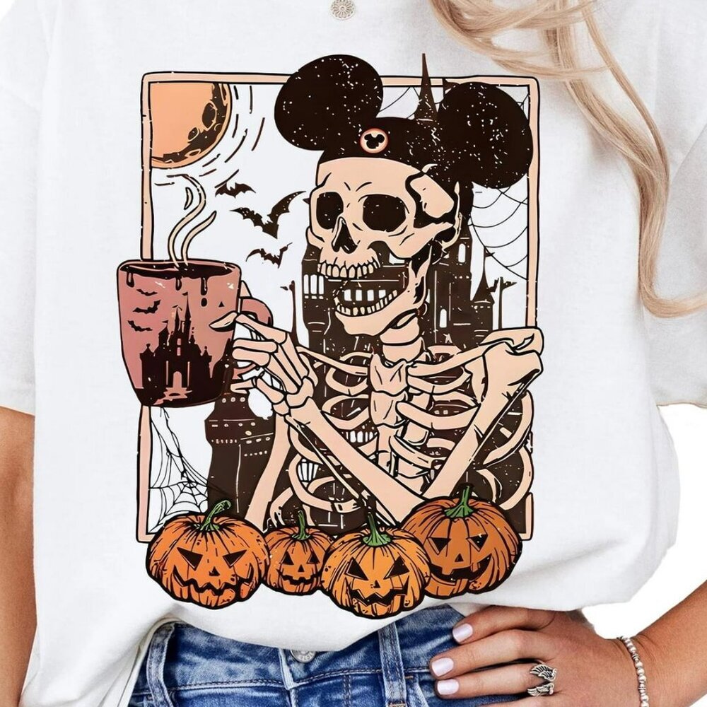 Halloween Disney Mickey Skeleton Coffee Retro Spooky Season Graphic Shirt 91 - Picture 2 of 5